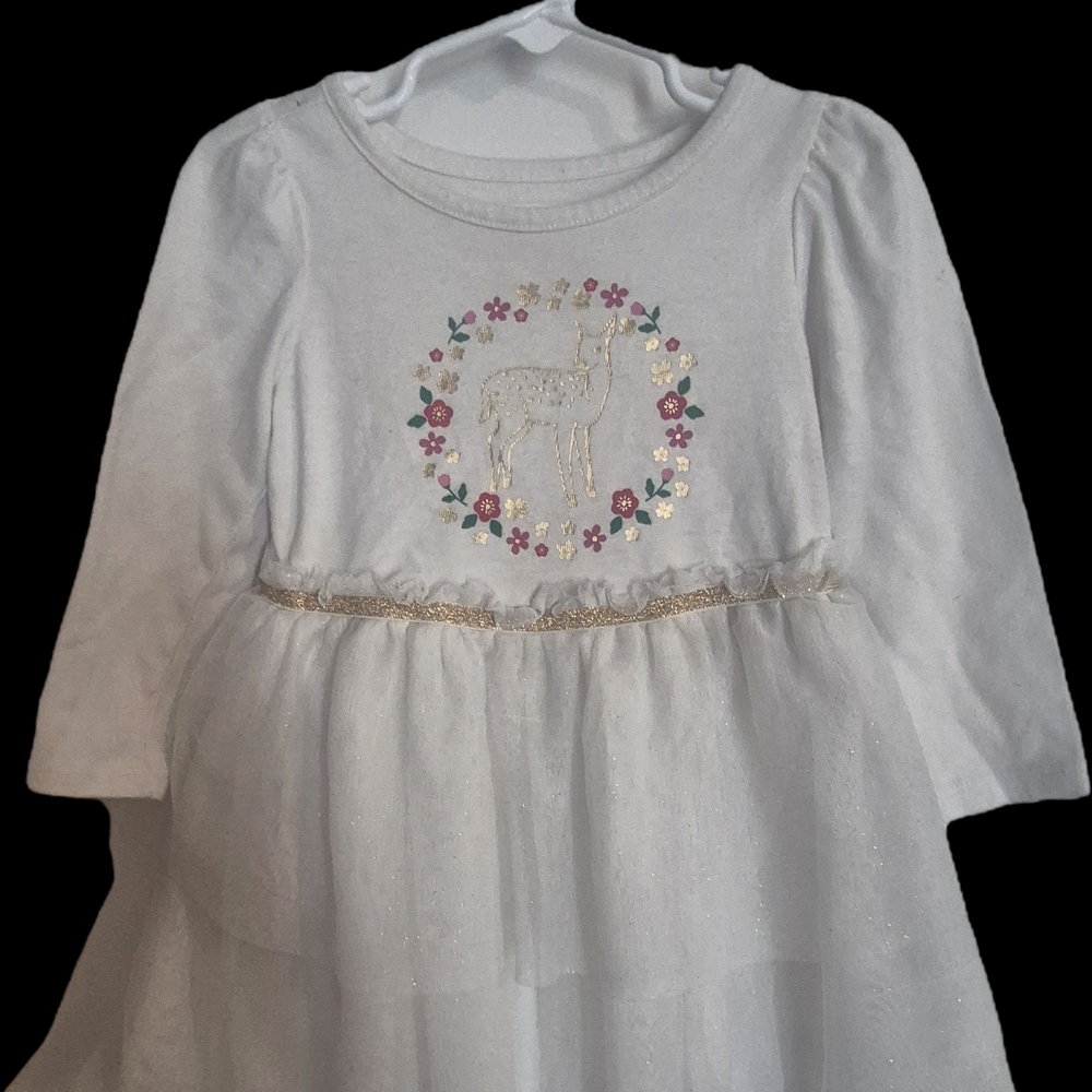 Cat & Jack Cream Long Sleeve Dress with Deer and Floral Pattern